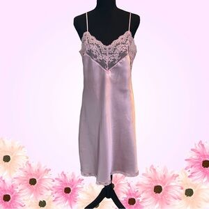 80’s Body Chic Elegant Pink Lace Trim Silky Slip Dress Size 36